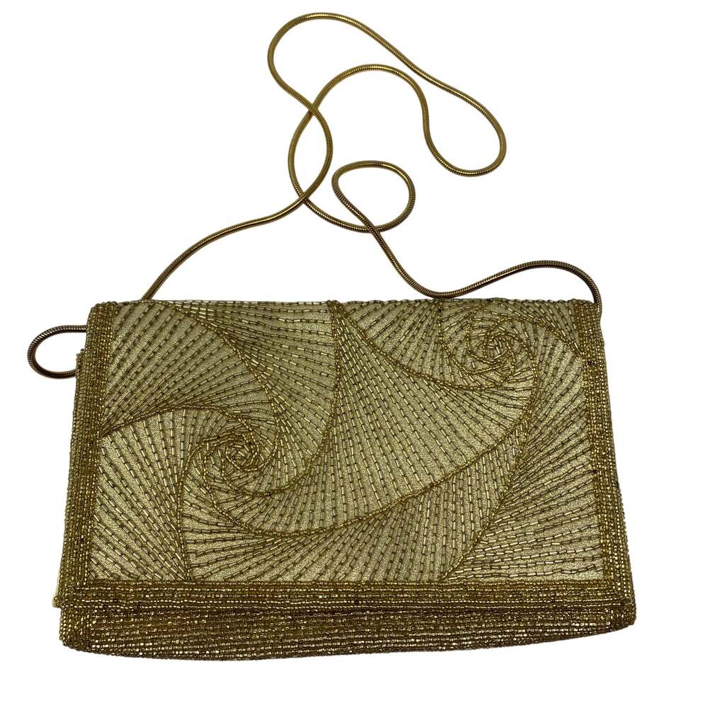Vtg Walborg Evening Bag Women's Gold Beaded Geometric Spiral Chain Clutch Purse
